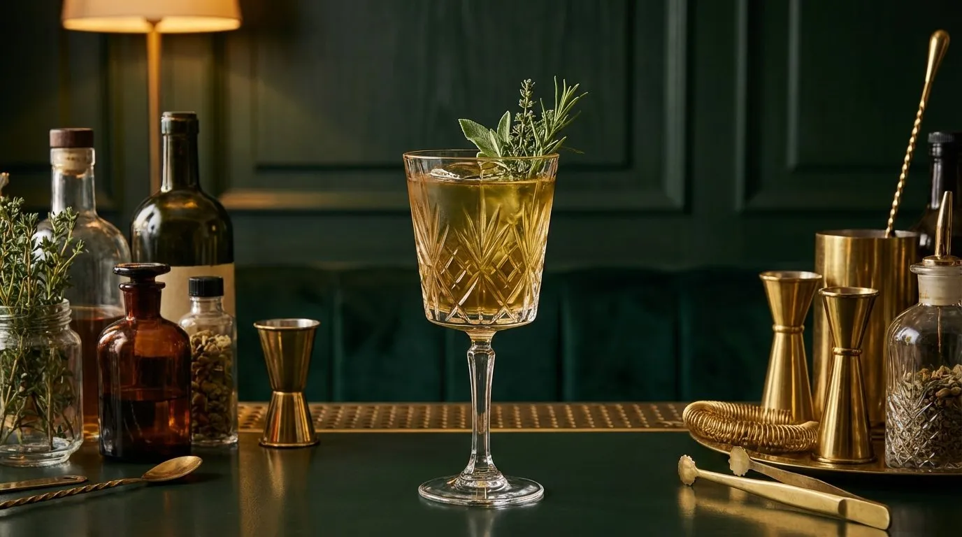 Cóctel de autor dorado en copa de cristal tallado, coronado con hierbas frescas, sobre una barra oscura con jiggers de latón, colador y frascos de infusiones caseras