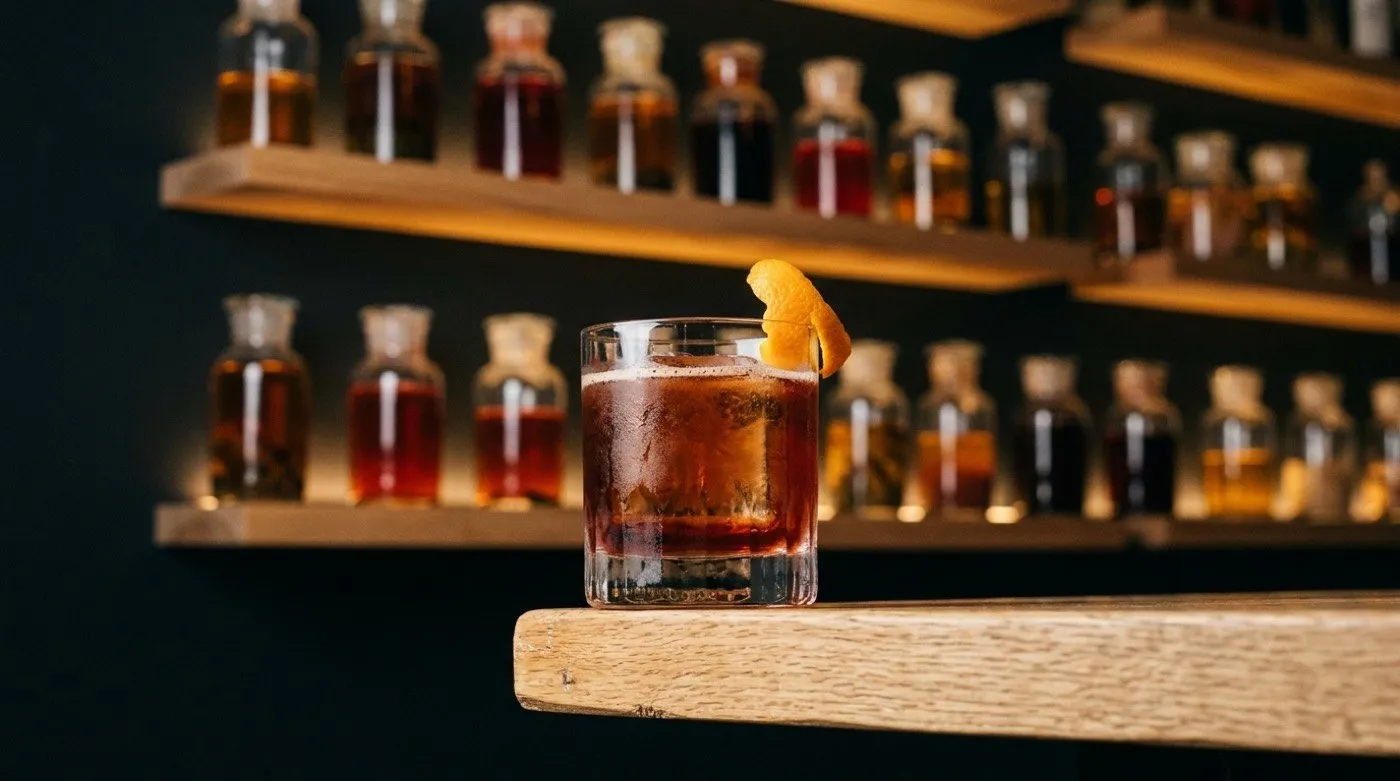 Vermouth-based cocktail textured using the throwing technique, served over ice at STILLROOM, signature cocktail bar in Madrid