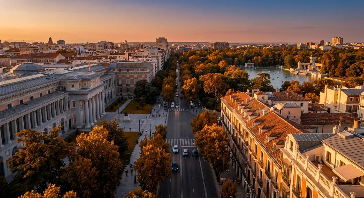 Vista aérea del Paseo del Prado al atardecer, con el Museo del Prado a la izquierda y el estanque del Retiro entre arbolado otoñal, en el barrio de los Jerónimos de Madrid