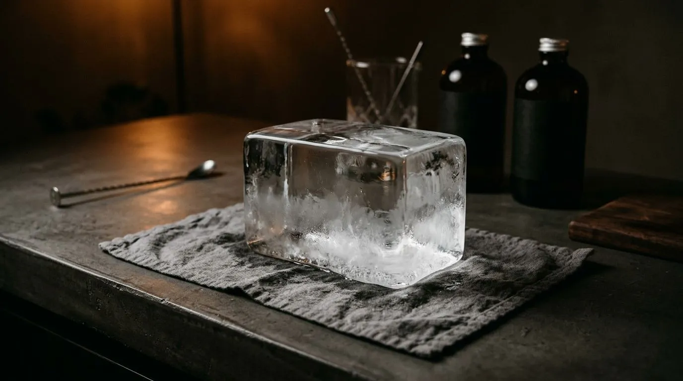 Bloque de hielo de congelación direccional recién desmoldado, transparente en su parte superior