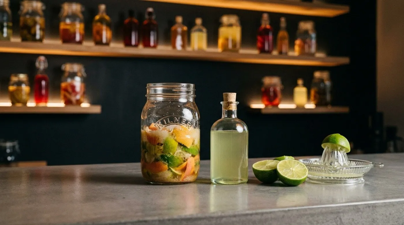 Elaboración de un cordial de lima casero con piel de cítrico, azúcar y zumo en tarros de cristal sobre la barra de STILLROOM