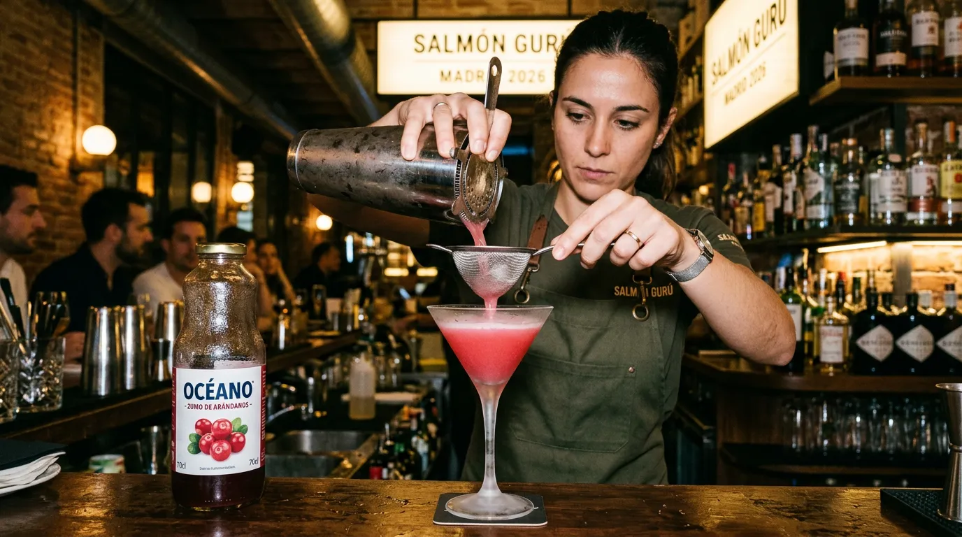 Colado de cosmopolitan rosa vibrante en copa martini