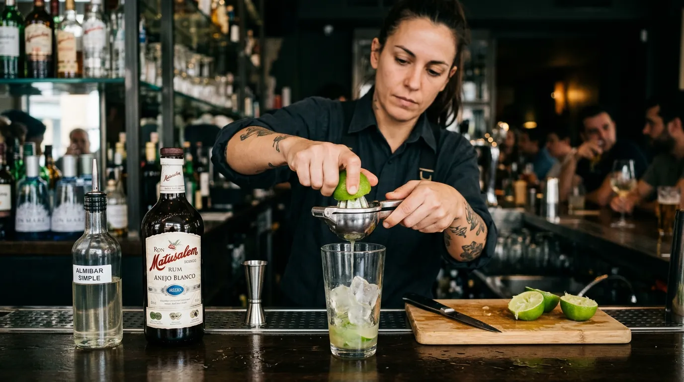 Exprimiendo limas frescas para daiquiri clásico con técnica profesional