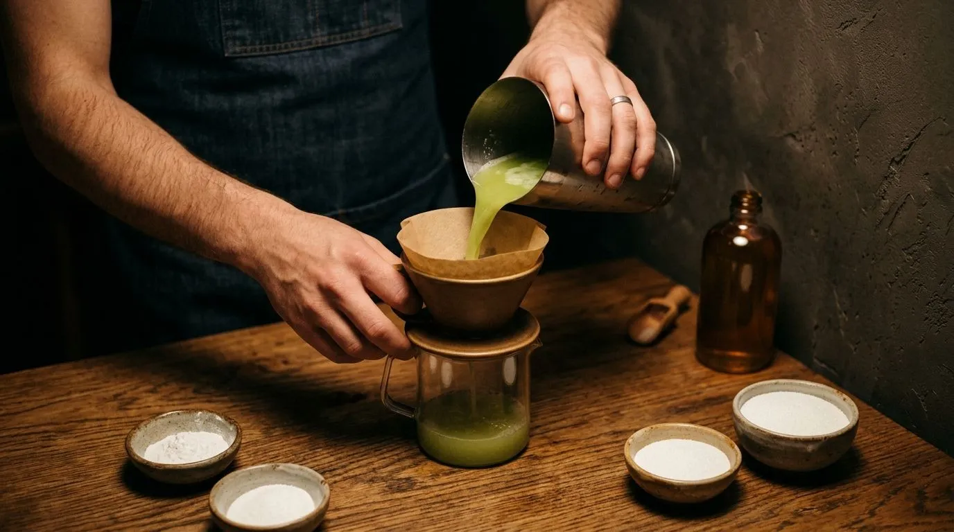 Preparación del cordial de manzana: zumo verde recién colado, azúcar y ácidos en la mesa de trabajo