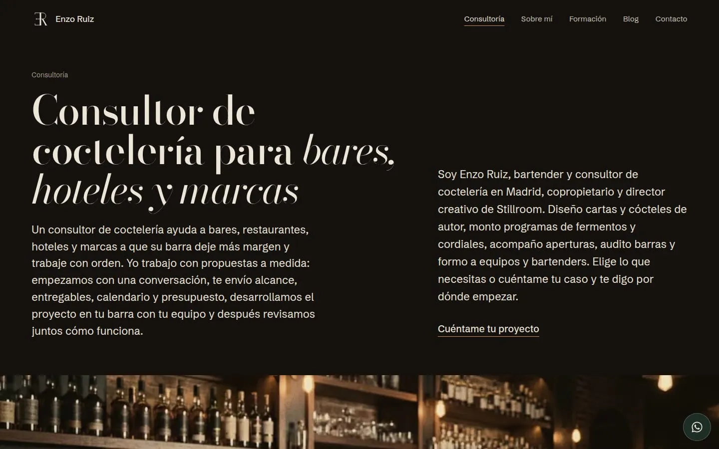 Página de consultoría de enzoruiz.es con el titular «Consultor de coctelería para bares, hoteles y marcas» y el listado de servicios