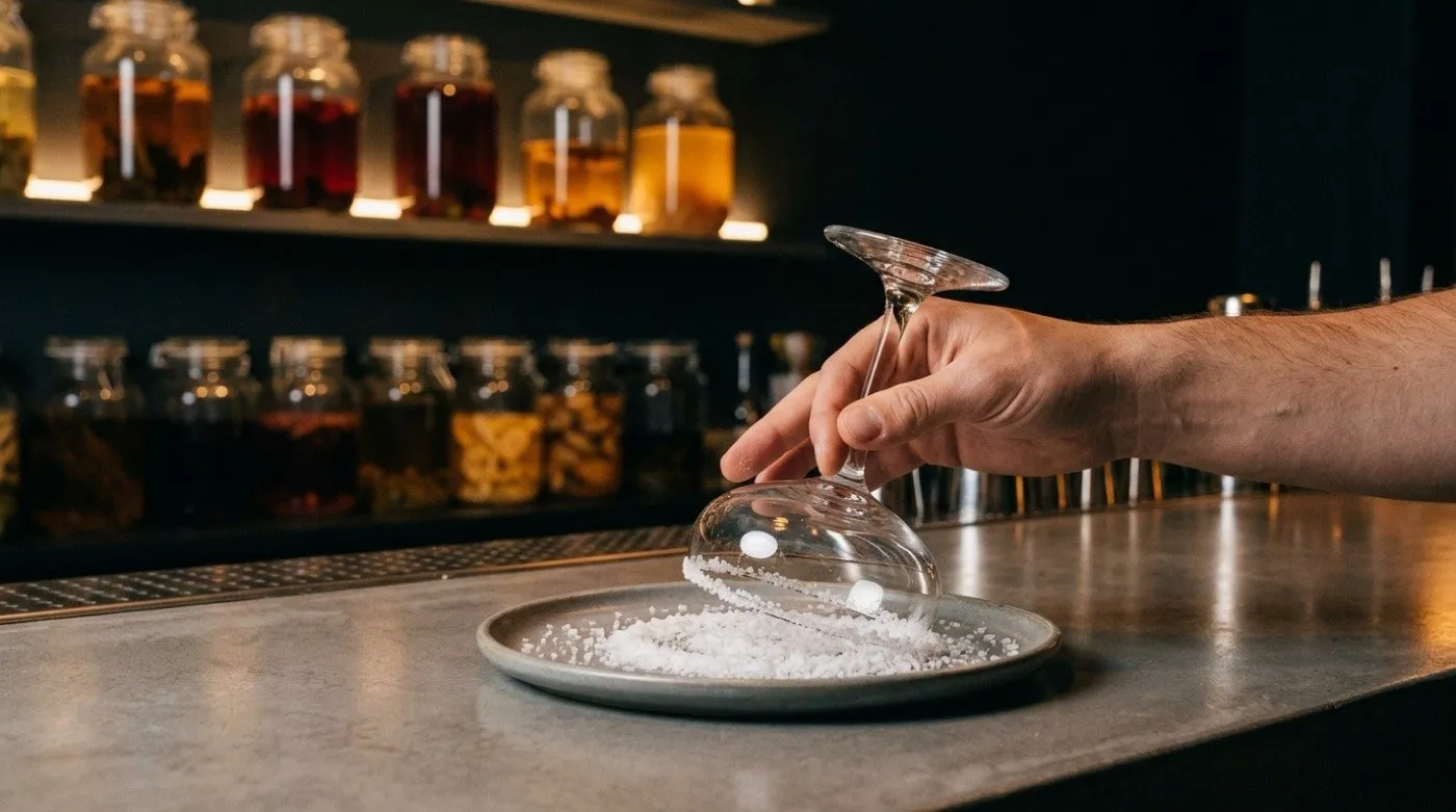 Copa girando boca abajo sobre un plato con sal para escarchar el borde en la barra de STILLROOM