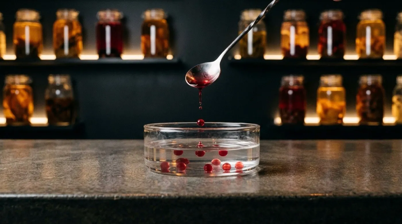 Drops of liquid falling into a bath, forming spheres during spherification at the STILLROOM bar