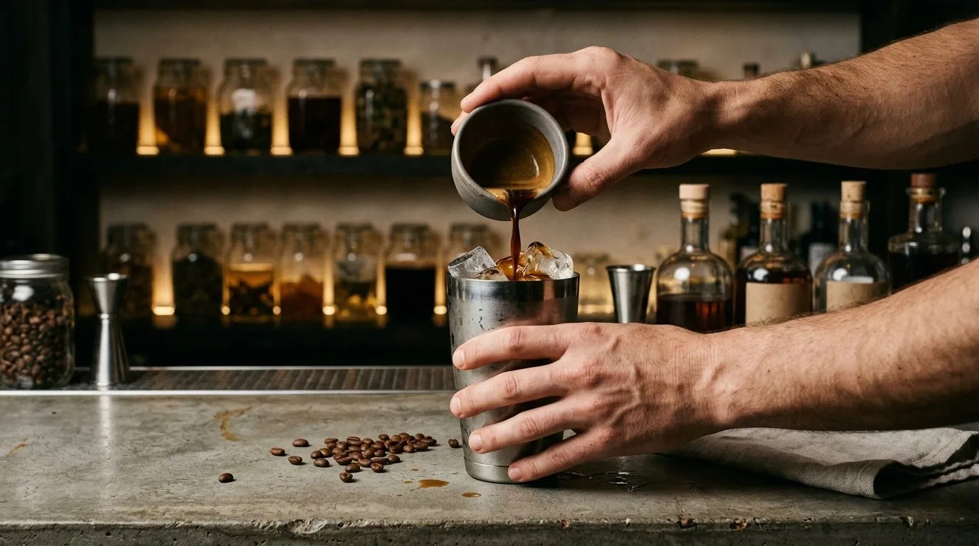 Freshly pulled espresso poured over ice in the cocktail shaker, with coffee beans on the microcement bar