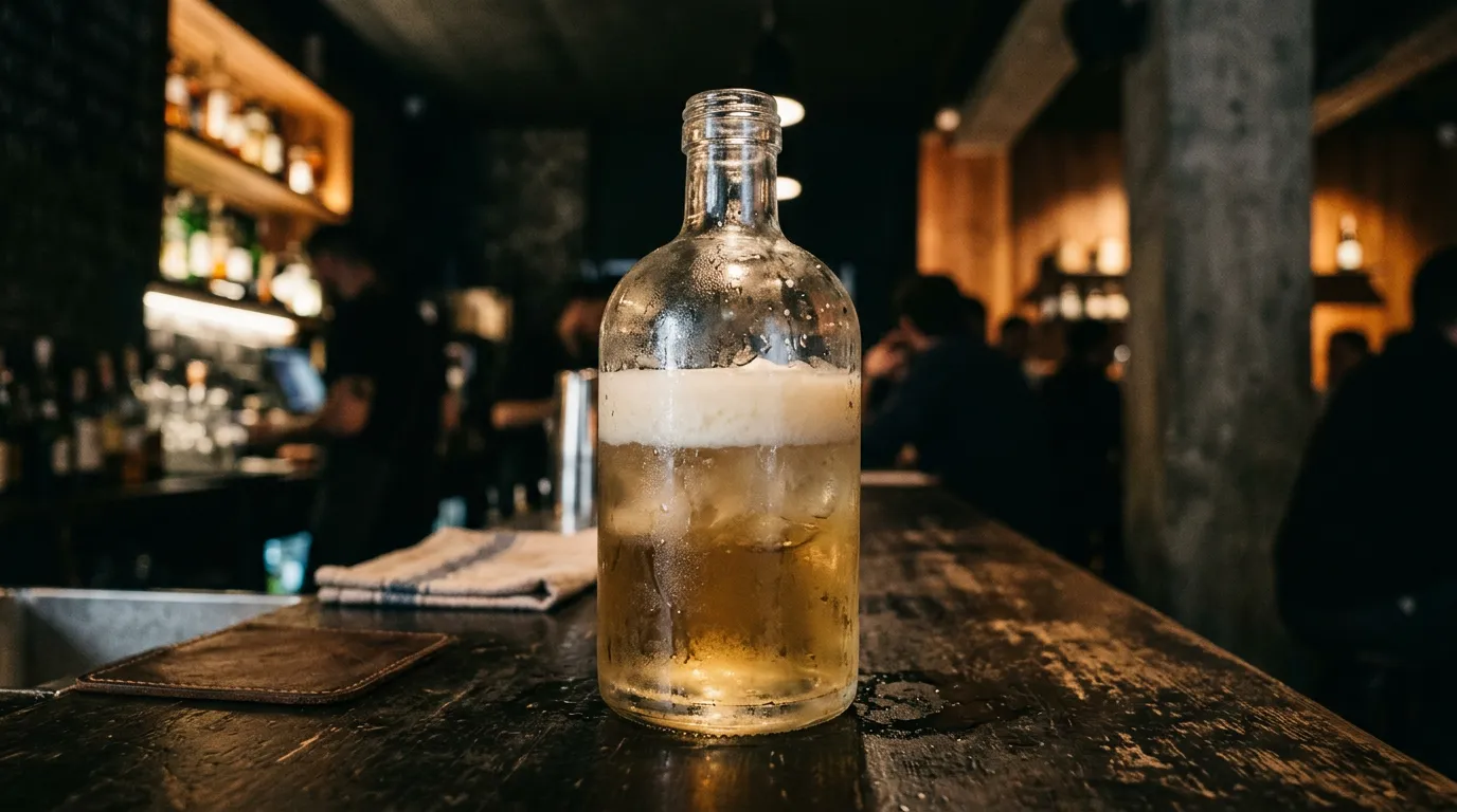 Fat washing process: solidified fat layer on top of the infused spirit ready for filtering