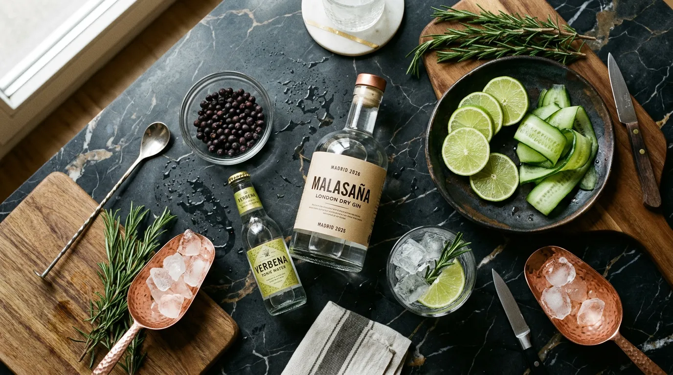 Ingredientes para gin tonic: ginebra, tónica, lima, enebro y romero
