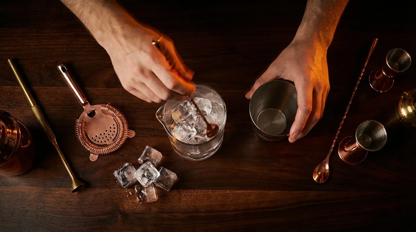 Manos de bartender removiendo un cóctel sobre una barra de madera, rodeadas de colador de gasa, cuchara de bar, jigger y cubos de hielo