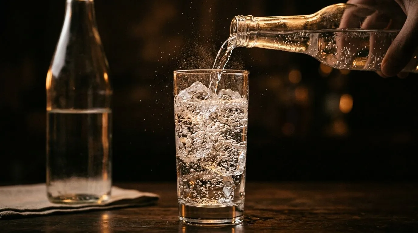 Agua con gas cayendo sobre el hielo de un vaso highball