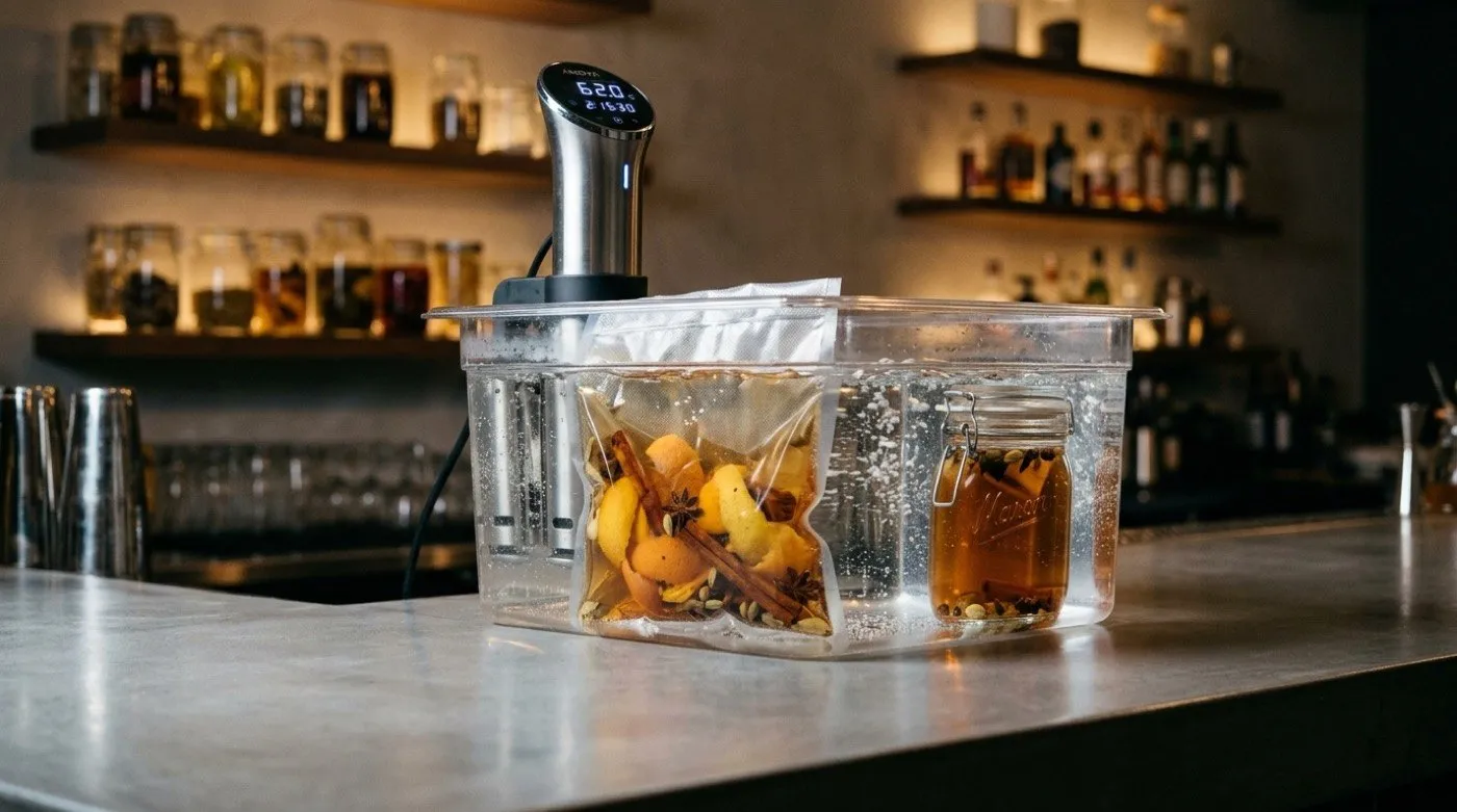 Vacuum bag with spirit, citrus peel and spices submerged in a temperature-controlled water bath during a sous-vide infusion