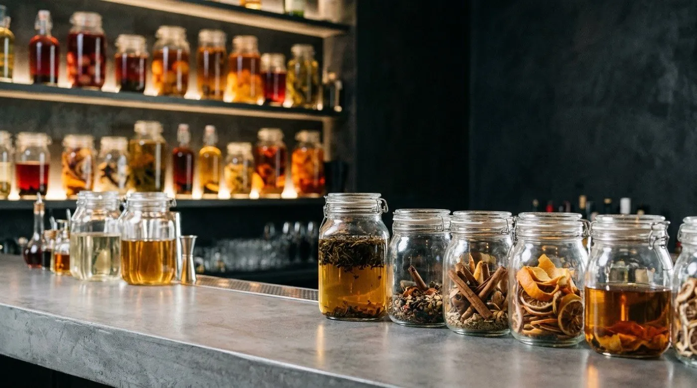 Varios tarros de cristal infusionando destilados con té, especias y frutas sobre la barra de STILLROOM