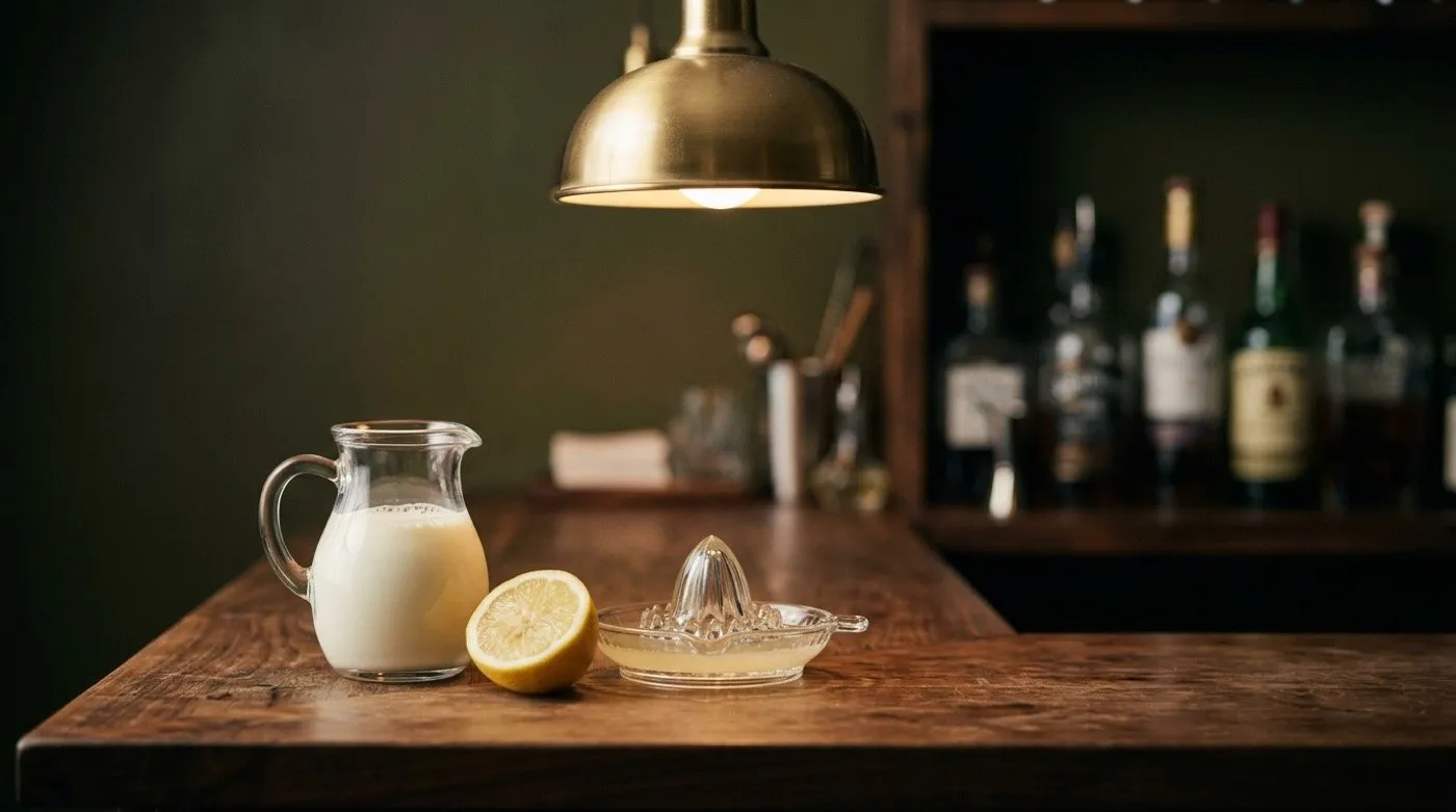 Milk clarification process in cocktail making: whole milk in a jug next to squeezed citrus on the walnut bar at STILLROOM Madrid