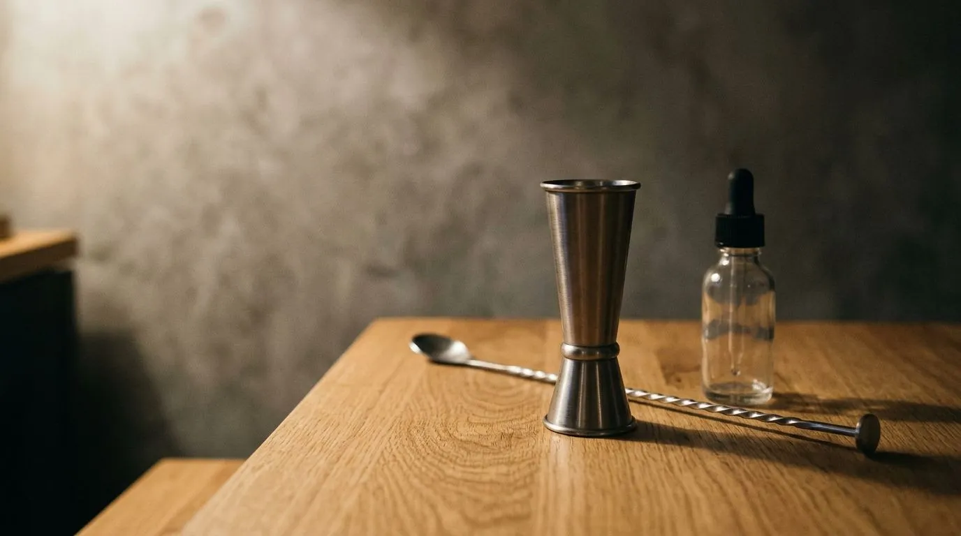 Jigger japonés, cucharilla de bar y botella de bíter con gotero sobre la mesa de trabajo