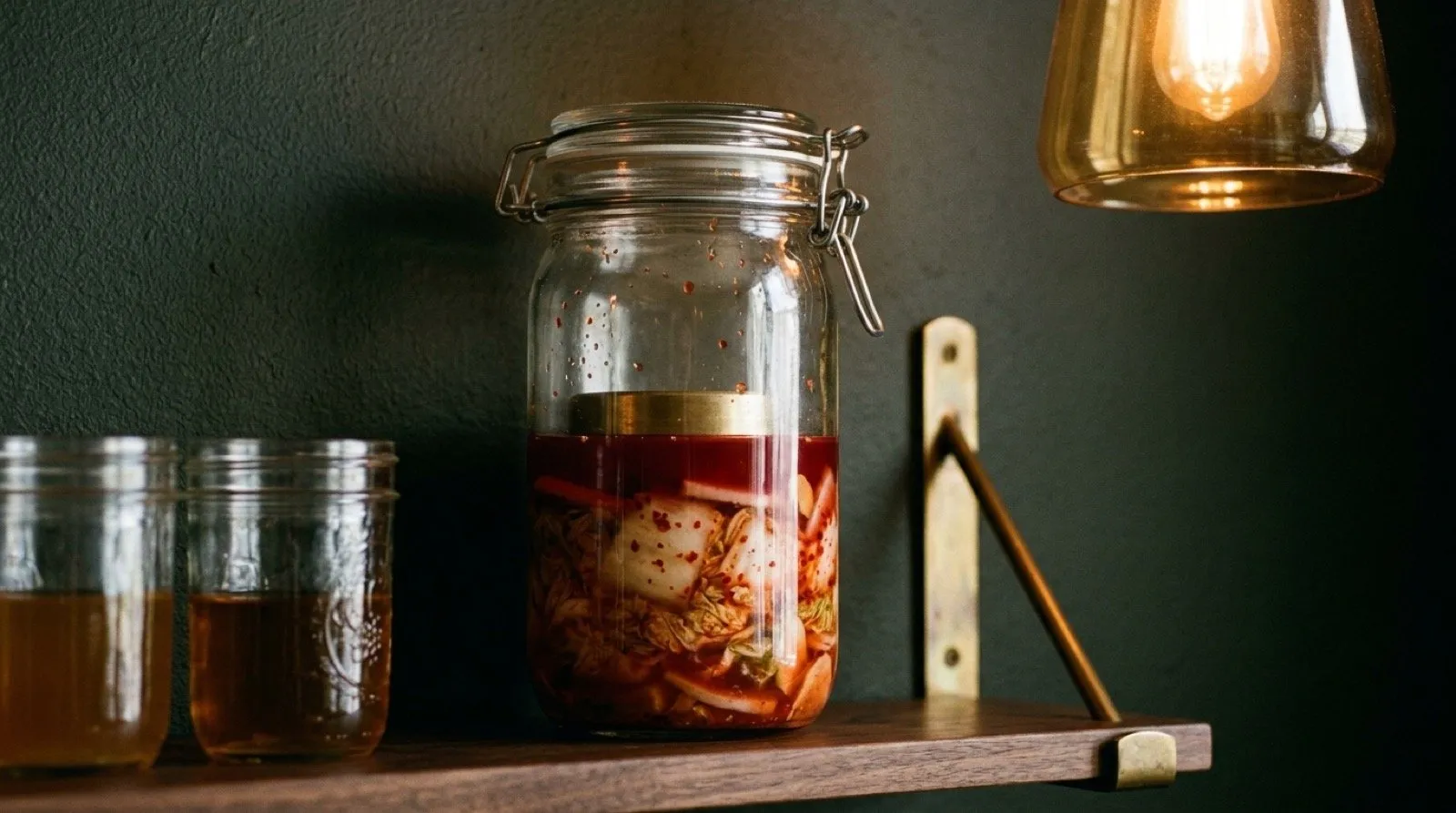 Tarro de fermentación de kimchi casero en STILLROOM Madrid: col napa, gochugaru, jengibre y daikon en lactofermentación 24 a 48 horas