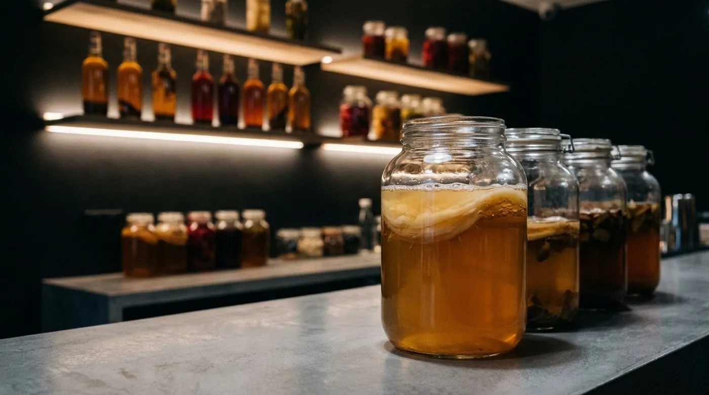 Kombucha fermentando en un tarro de cristal con SCOBY sobre té dorado en la barra-laboratorio de STILLROOM