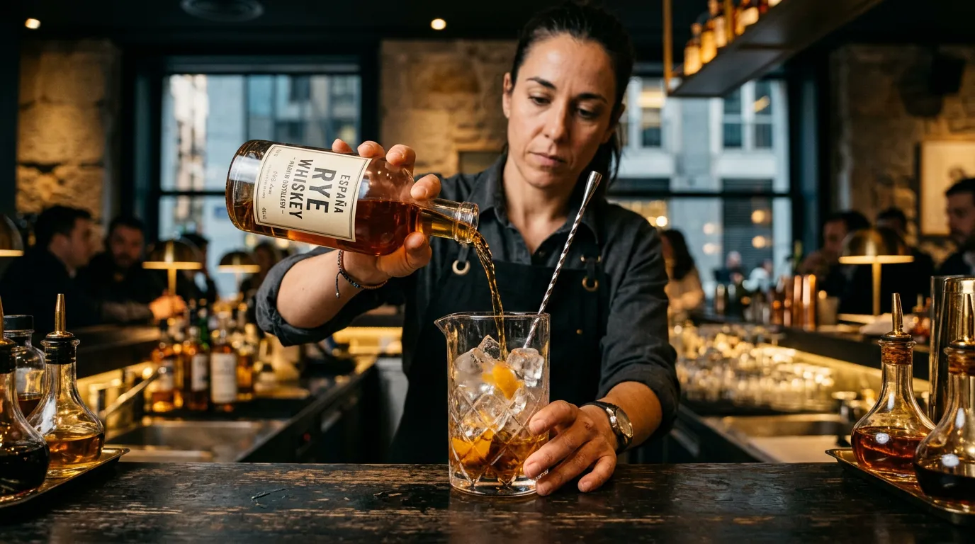 Bartender vertiendo rye whiskey en vaso mezclador para manhattan