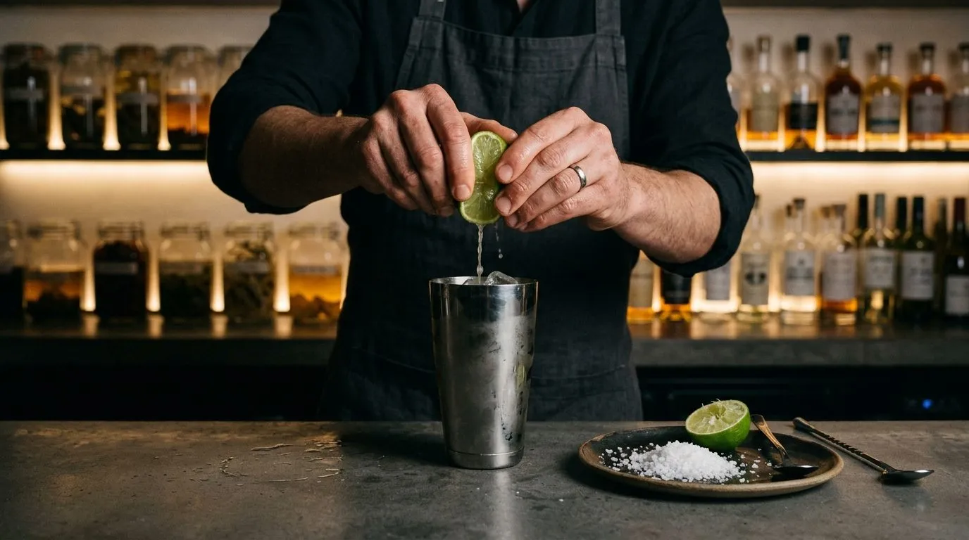 Bartender’s hands squeezing fresh lime into the shaker, with a dish of flaky salt beside it
