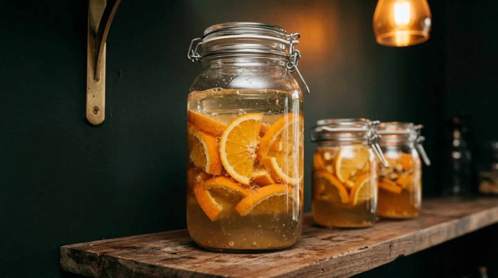 Oranges lacto-fermenting in an airtight glass jar at STILLROOM Madrid: 3 per cent brine and a glass weight for anaerobiosis over 5 days