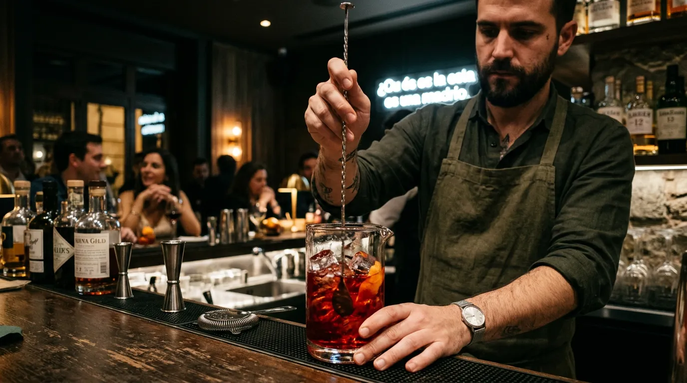 Bartender removiendo un negroni en vaso mezclador con cuchara de bar