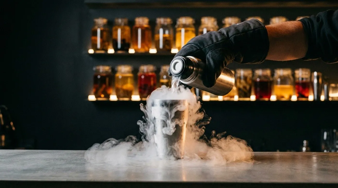Liquid nitrogen being poured with cold white vapour over a container on the STILLROOM bar