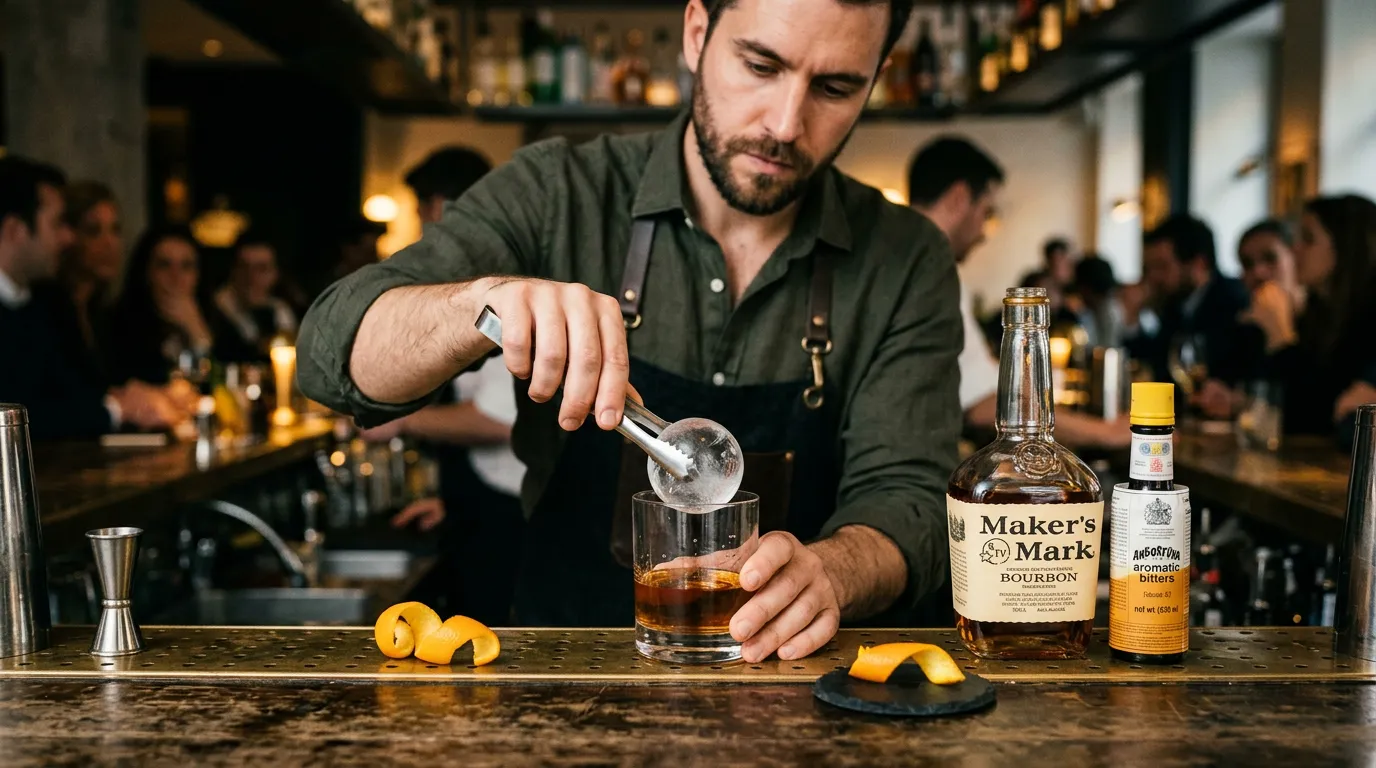 Bartender placing a crystal-clear ice sphere for an Old Fashioned