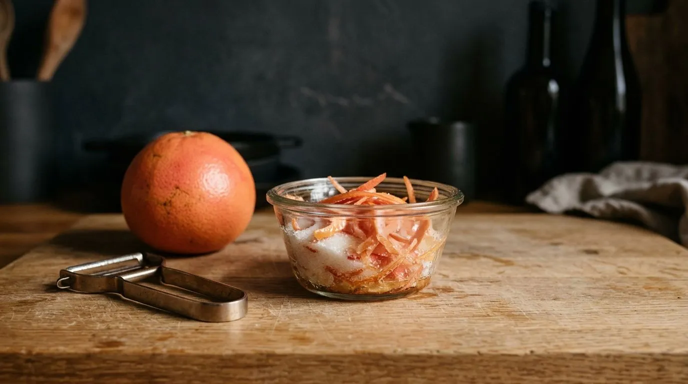 Pieles de pomelo macerando con azúcar para el óleo saccharum del cordial