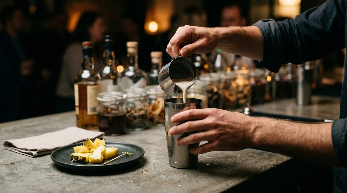Bartender’s hands pouring coconut cream into the shaker, with chopped fresh pineapple alongside, on the bar