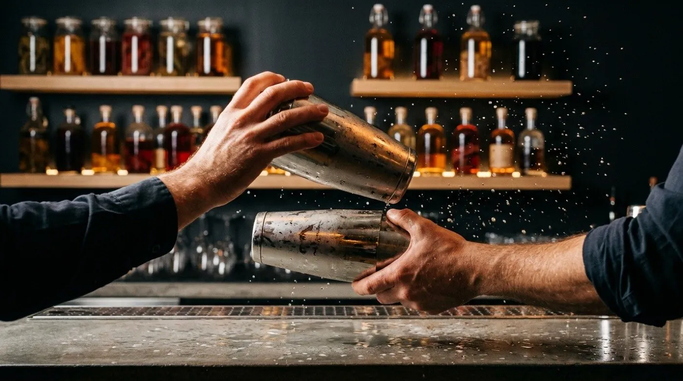 Hands shaking a metal Boston shaker full of ice over the bar at STILLROOM