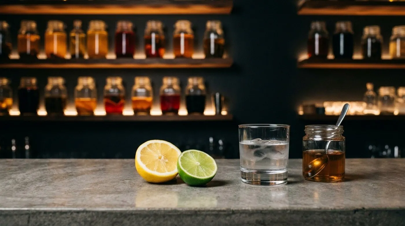 Freshly squeezed citrus, a spirit and a syrup laid out as the formula of a sour at the STILLROOM bar