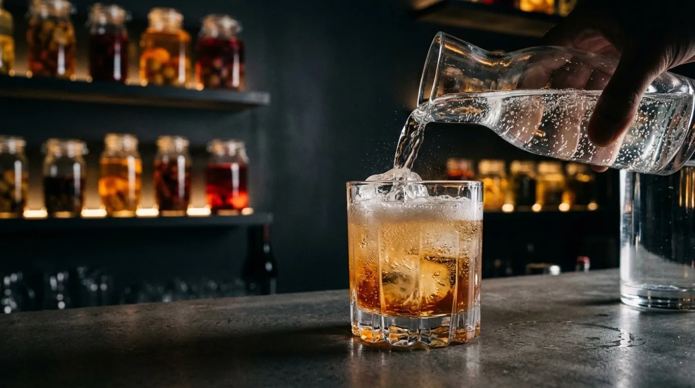 Soda water pouring over a spritz with ice, forming bubbles at the STILLROOM bar