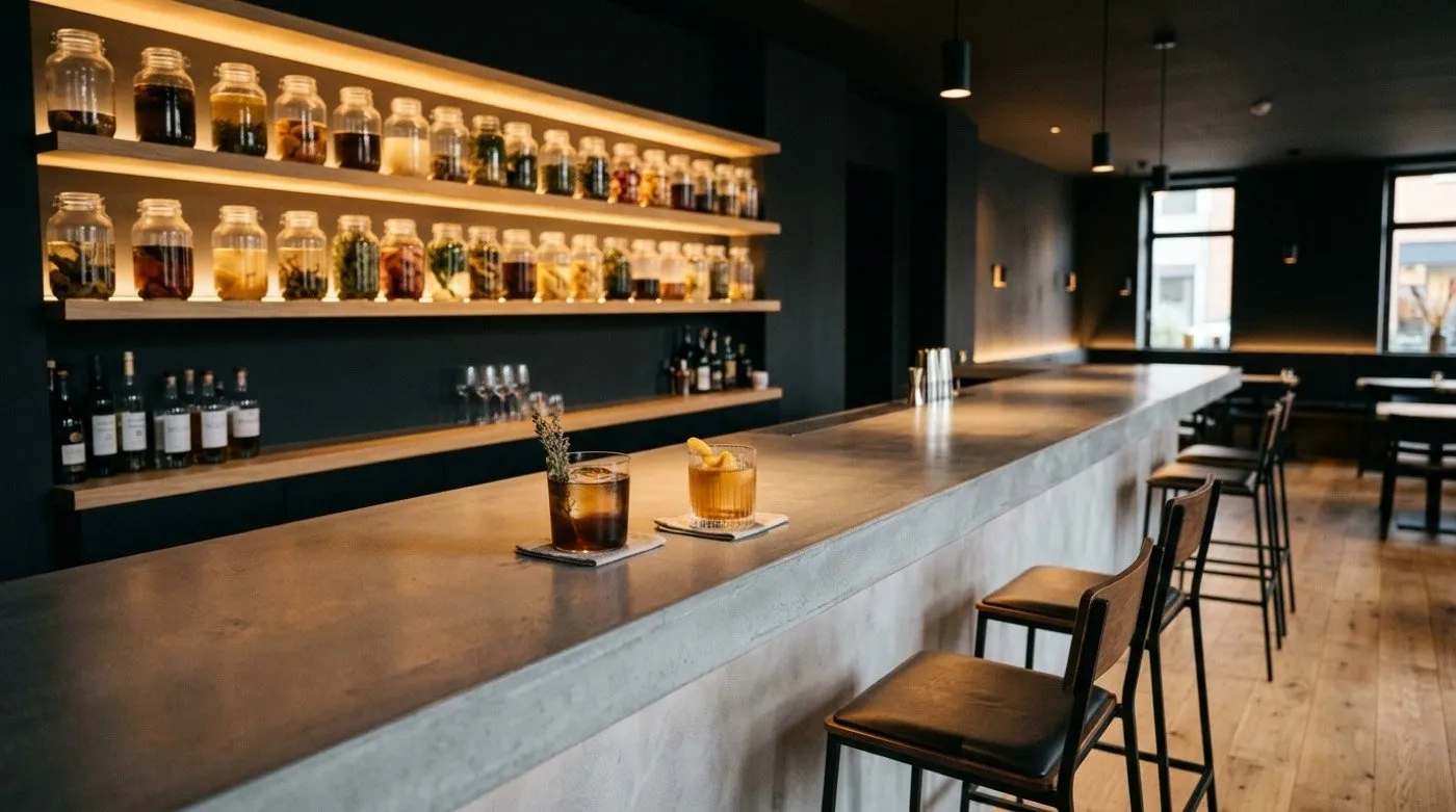 Relaxed setting for an afterwork at Stillroom: microcement bar and backlit shelves of infusion jars, Los Jerónimos (Madrid)