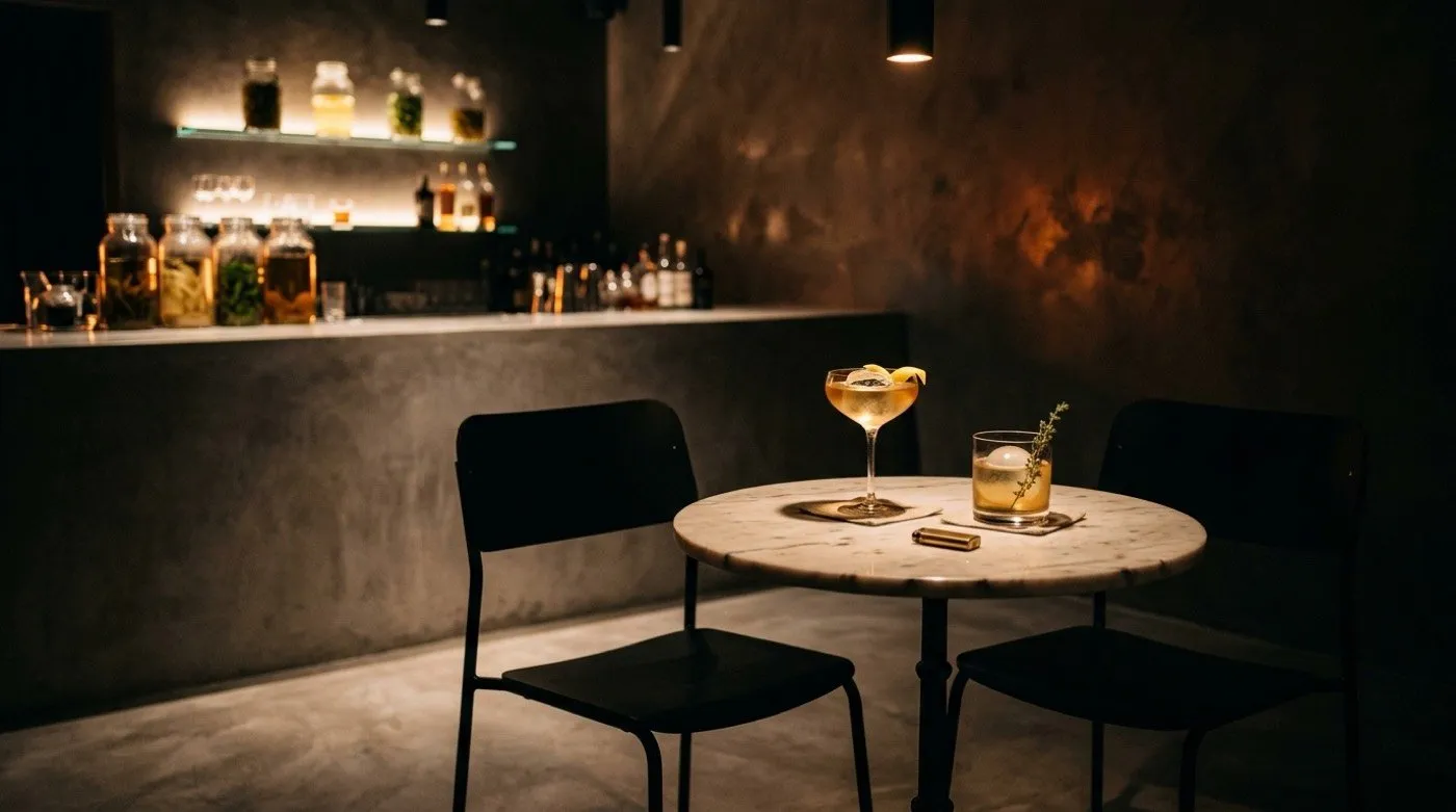 Intimate atmosphere for a date at Stillroom: a cosy corner in warm dimness next to the bar, Los Jerónimos (Madrid)
