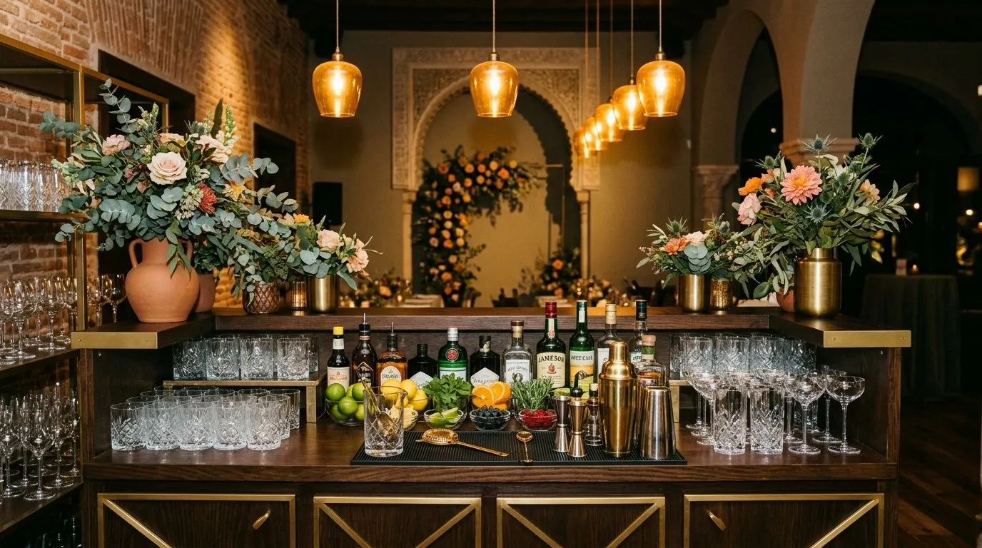 Portable cocktail bar decorated with flowers for a wedding in Madrid
