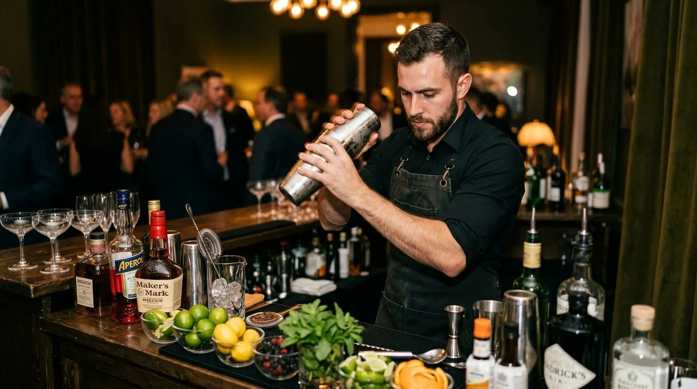 Bartender profesional preparando cócteles en barra portátil durante evento privado en Madrid