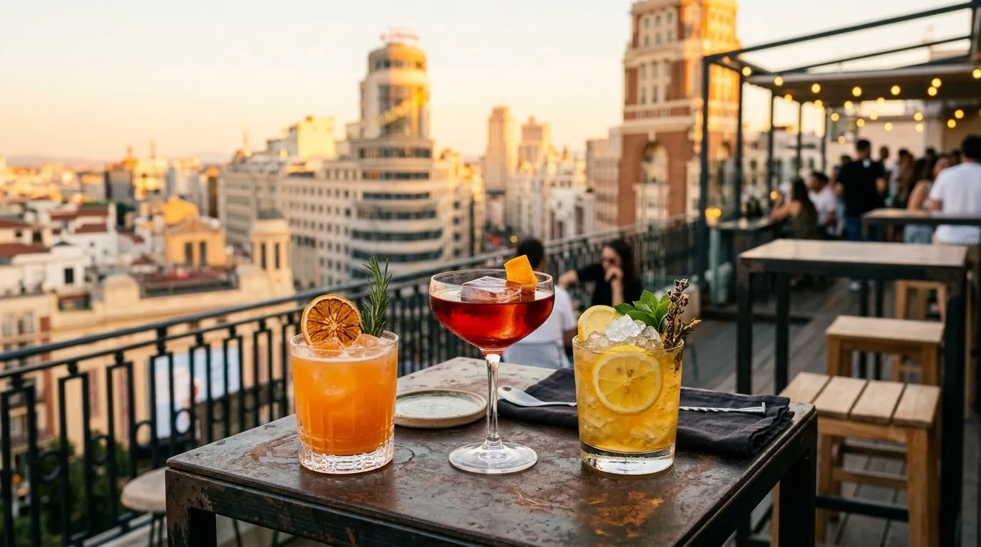 Artisan cocktails on a rooftop terrace with views over Madrid