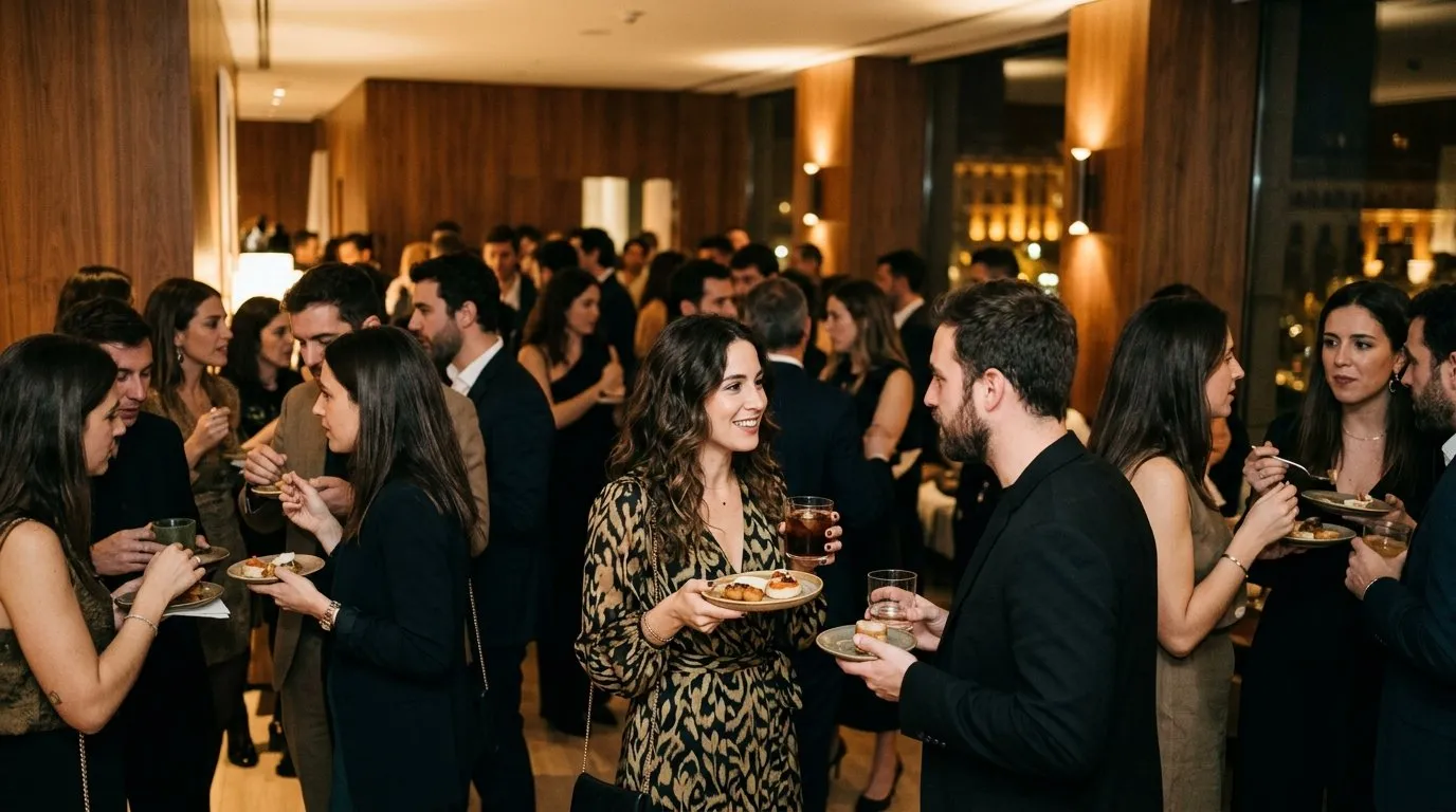 Walking dinner with signature cocktails at a social event in Madrid