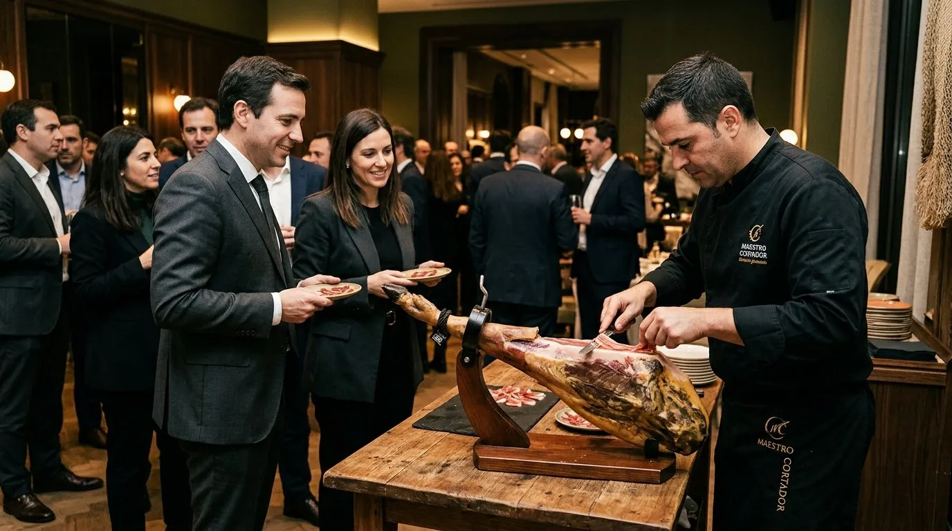Master ham carver slicing Ibérico ham at a corporate event in Madrid