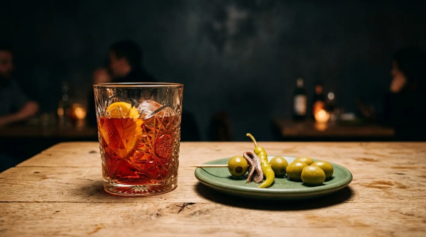 Vermouth hour: red vermouth with an aperitif gilda at Stillroom, next to the Retiro (Los Jerónimos, Madrid)