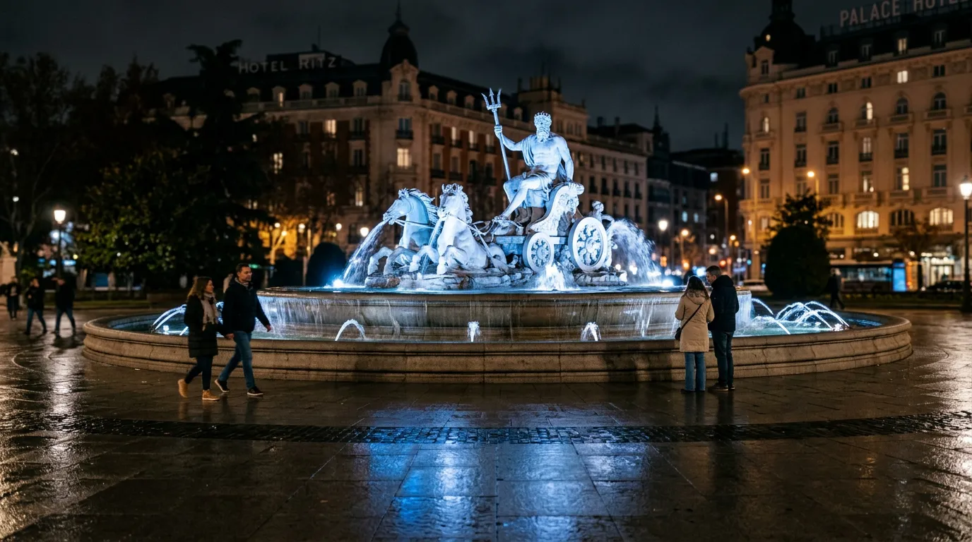 Fuente de Neptuno en el Paseo del Prado Madrid iluminada de noche