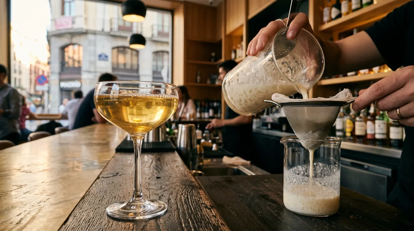 Milk-clarified cocktail served in a transparent glass, an advanced cocktail technique