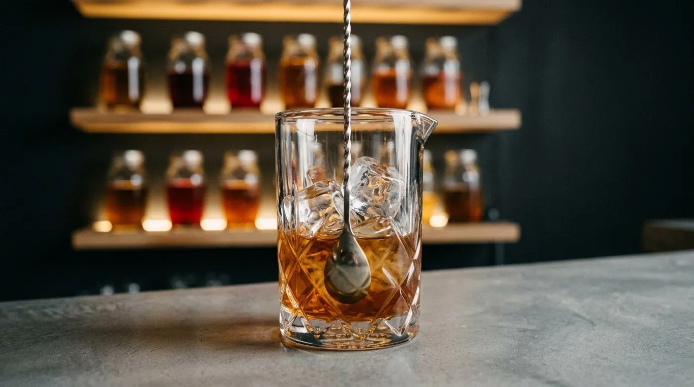 Bar spoon stirring a cocktail with ice in a crystal mixing glass at the STILLROOM bar