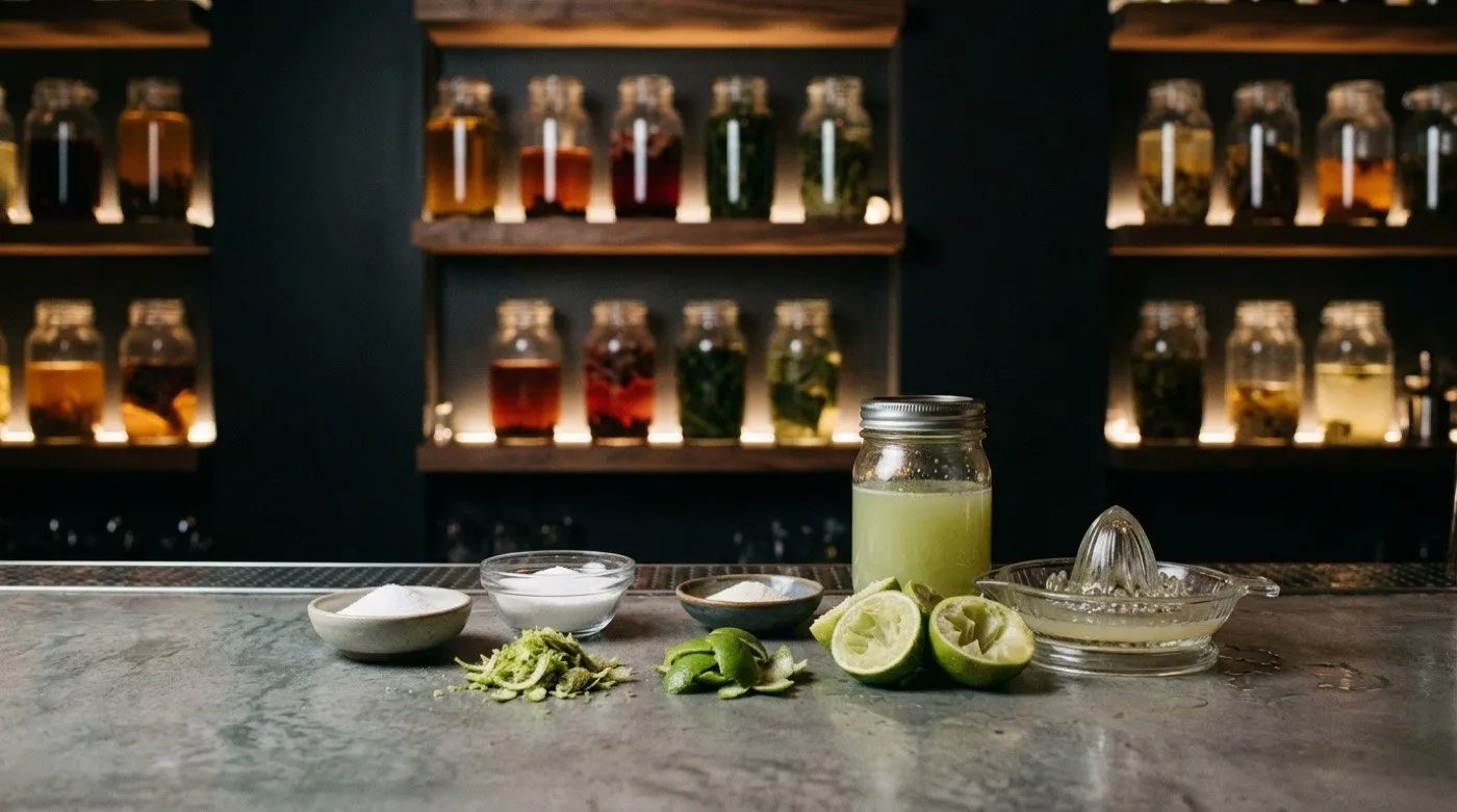 Lime peels and citric acids for making super juice, next to squeezed limes at the STILLROOM bar