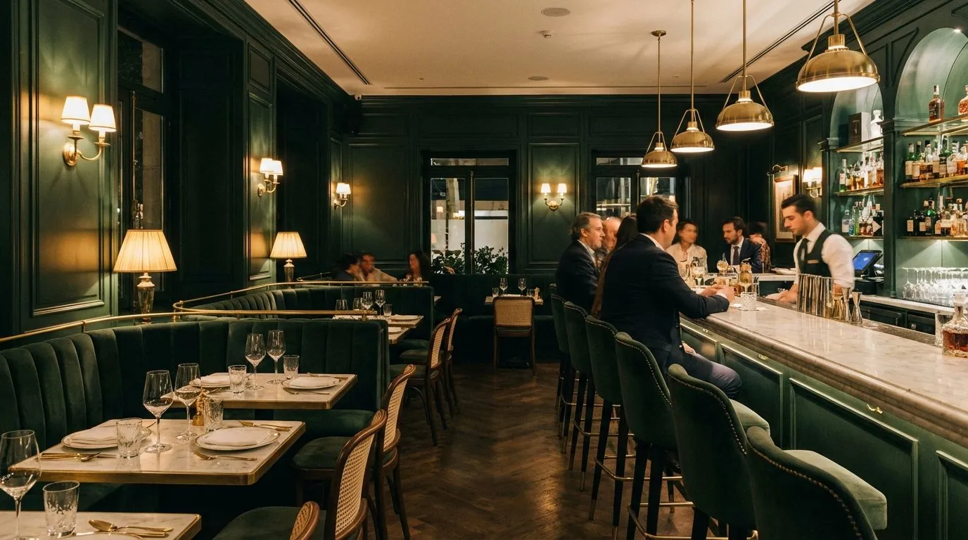 Elegant interior of a gastro cocktail bar with warm lighting