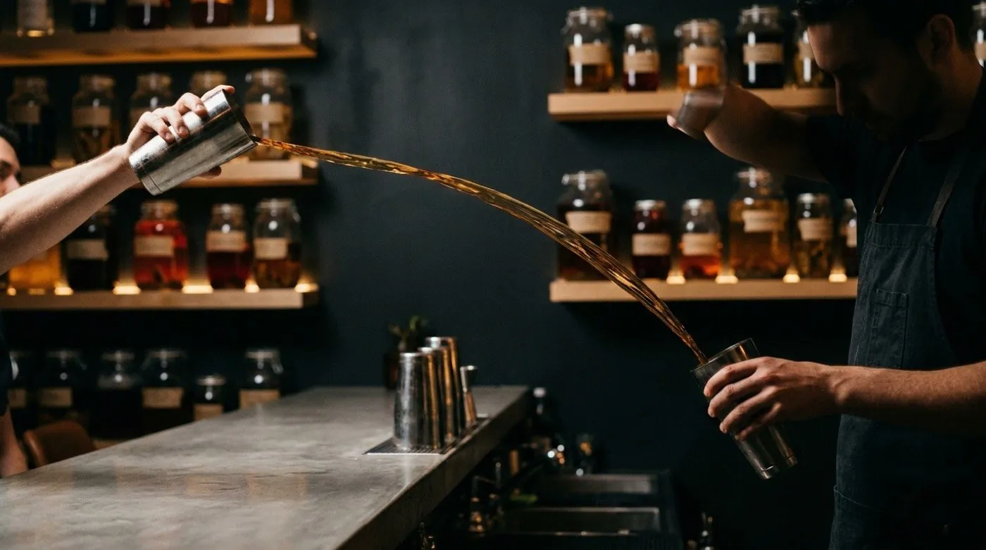 Bartender pouring the liquid in a long arc between two metal vessels during throwing at STILLROOM