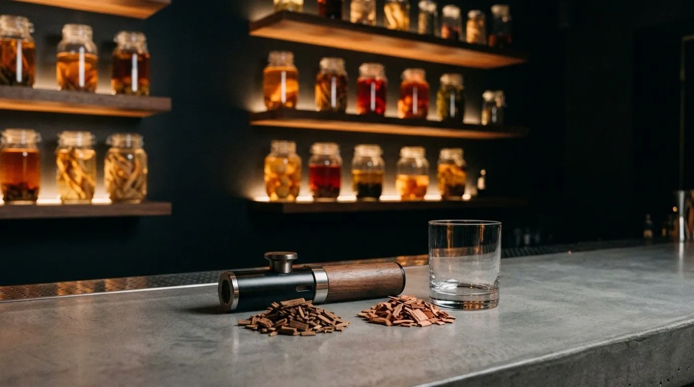 Cocktail smoker with wood chips next to a glass on the microcement bar at STILLROOM