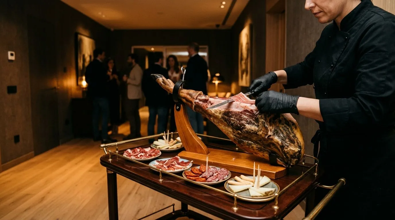 Carrito de ibéricos y corte de jamón en directo en un evento privado en Madrid