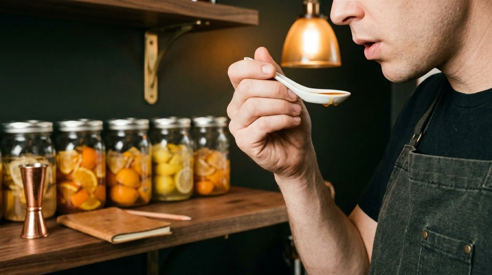 Tasting a citrus ferment at STILLROOM Madrid: bartender assessing the aromatic profile with a ceramic spoon in front of fermentation jars